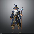 Man As Wizard Wearing Blue Robe White Beard Pointed Hat And Staff With Crystal Ball