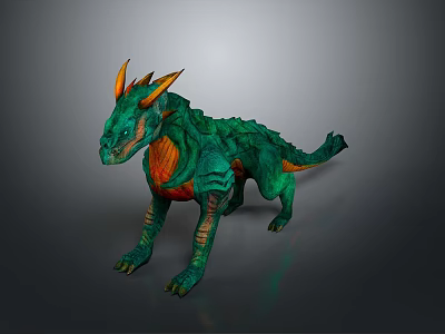 Detailed Fantasy Green Creature With Orange Horns And Scaly Body Standing In Dynamic Pose 3d model