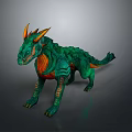 Detailed Fantasy Green Creature With Orange Horns And Scaly Body Standing In Dynamic Pose