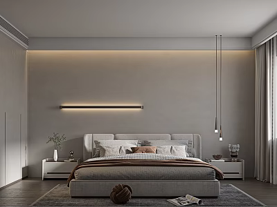 Modern Bedroom Interior With Upholstered Headboard Wall Sconce Nightstands And Pendant Lights 3d model