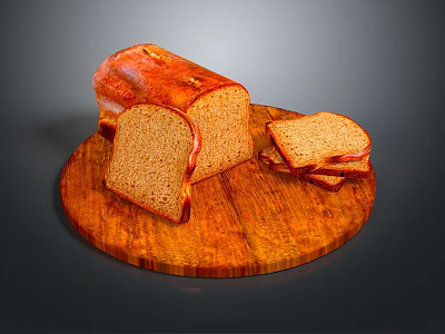 Fresh Brown Bread On Wooden Round Cutting Board With Whole Loaf And Sliced Pieces 3d model