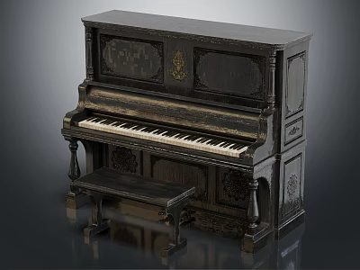 Antique Wooden Piano With Intricate Carved Design And Matching Bench 3d model