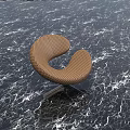 Modern Curved Stool with Brown Beige Checkered Upholstery and Metal Base on Black Marble Floor