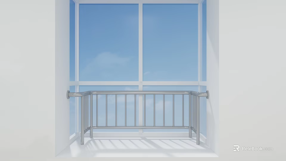 Spacious Modern Bay Window With Metal Railing And Blue Sky View 3d model