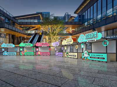 Vibrant Food Stalls In Modern Commercial Plaza With Escalator Neon Signs And Trees 3d model