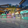 Vibrant Food Stalls In Modern Commercial Plaza With Escalator Neon Signs And Trees