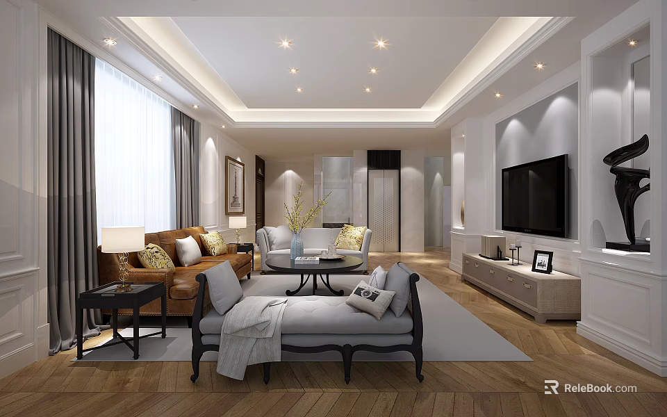 Elegant Bright Living Room Interior With Comfortable Sofas Round Coffee Table And Warm Lighting 3d model 