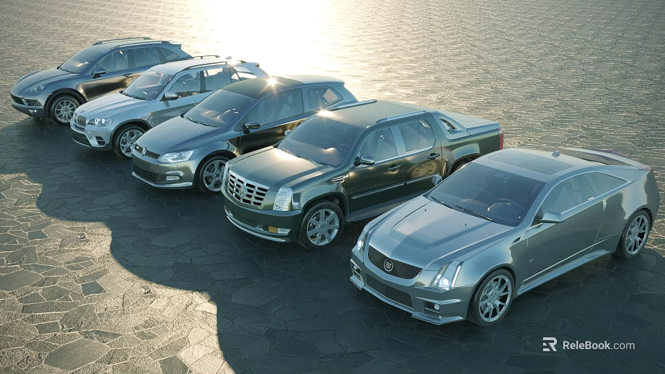 Multiple Different Car Models Including SUV Pickup And Sedan Parked Outdoor Under Sunlight 3d model 