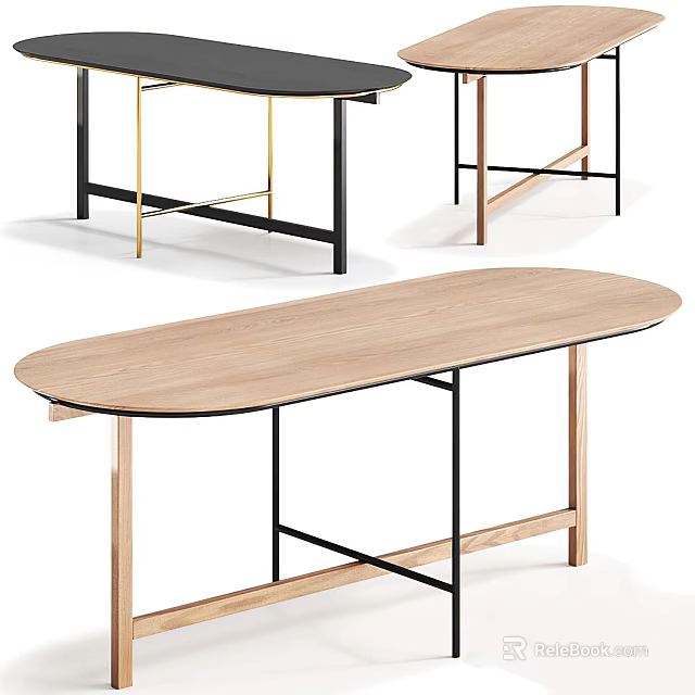Modern Oval Wooden Coffee Table With Oak Top And Metal Frame Design 3d model 