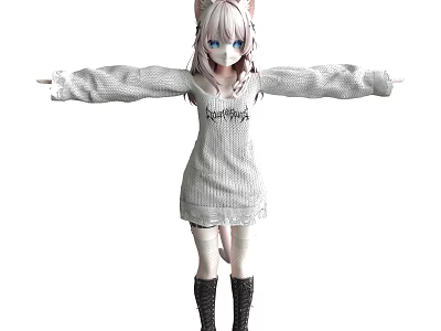 Woman With Pink Hair And Cat Ears In White Sweater Black Boots Arms Outstretched 3d model