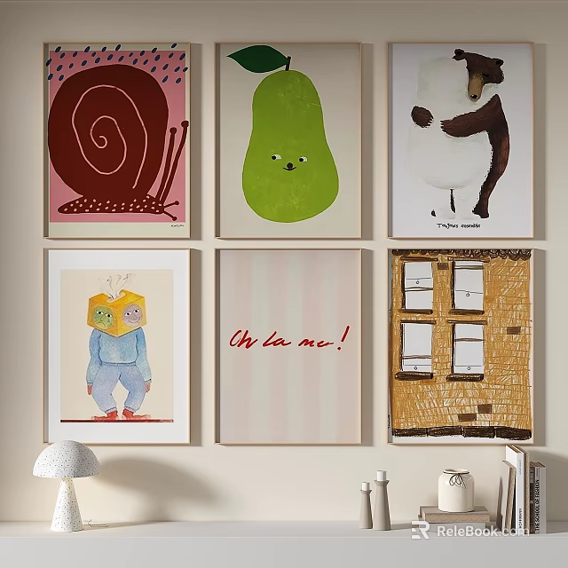 Abstract Paintings Wall Display Featuring Snail Pear Bear Figure Text And Windows 3d model