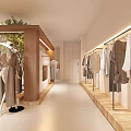 Modern Minimalist Clothing Store With Hanging Clothes Mannequins Handbags And Green Tree