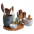 Wooden Cooking Utensils With Marble Bowl Salt Pepper Shakers And Oil Bottle On Tray