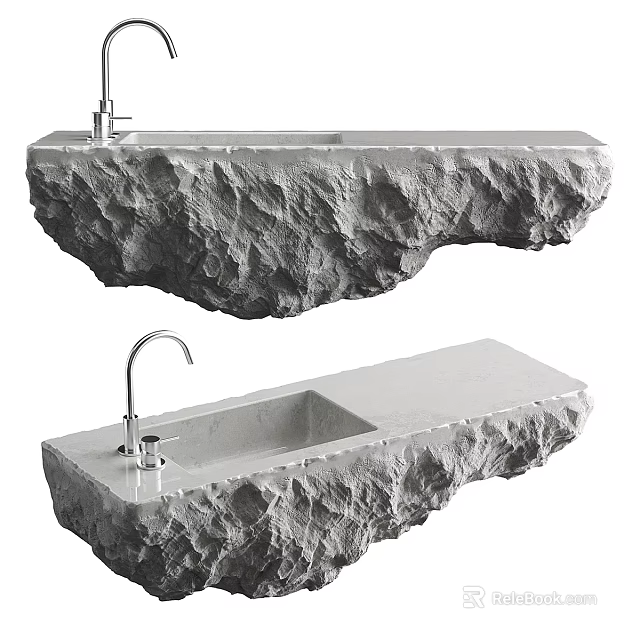 Natural Stone Washbasin Design Featuring Rock Texture And Chrome Faucet 3d model 