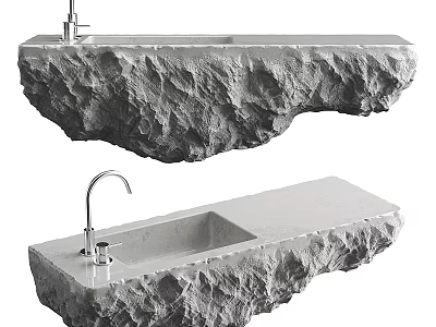 Natural Stone Washbasin Design Featuring Rock Texture And Chrome Faucet 3d model