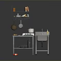 Modern Kitchen Interior Design With Metal Hanging Rack Stove Sink And Countertop