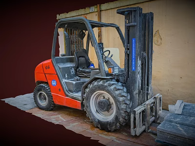 Red Industrial Forklift Utility Vehicle Featuring Large Tires For Warehouse Operations 3d model