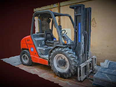 Red Industrial Forklift Utility Vehicle Featuring Large Tires For Warehouse Operations 3d model