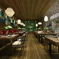 Lush Green Plant Decorated Restaurant Interior With Wooden Ceiling Hanging Lights Stone Walls And Colorful Chairs