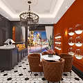 Modern Dessert Shop Interior With Orange Walls Chandelier Cactus Hexagonal Tiles Dessert Displays Pink Decor