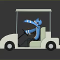 White Golf Cart With Canopy Carrying Cartoon Bear And Penguin Characters
