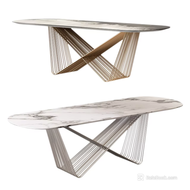Elegant Modern Dining Table With Oval Marble Top And Crossed Metal Wire Legs 3d model 