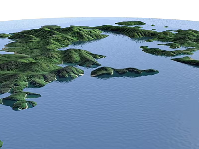 3D Rendered Island Terrain With Green Hills And Blue Water Scattered Islands 3d model