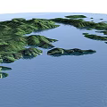 3D Rendered Island Terrain With Green Hills And Blue Water Scattered Islands