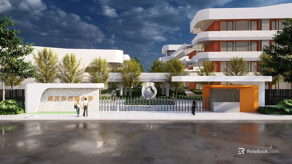 Campus Landscape Design Featuring Modern Buildings Green Trees and Open Gate 3d model