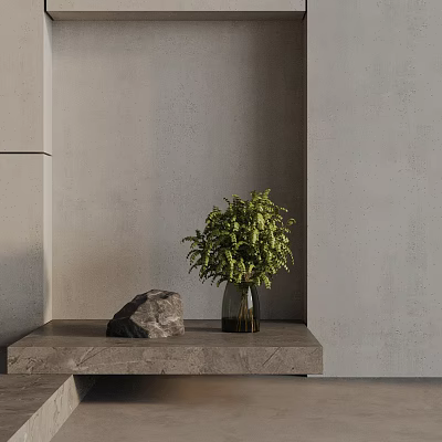 Fresh Green Potted Plant On Gray Concrete Table With Stone Against Gray Wall 3d model