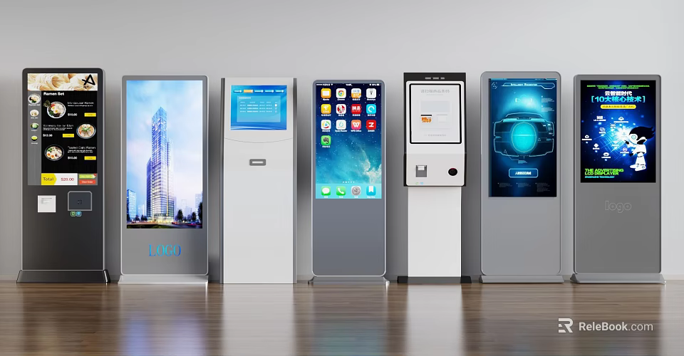 Multiple Modern Self Service Kiosks With Interactive Screens Showing Ads Apps And Payment Interfaces 3d model 
