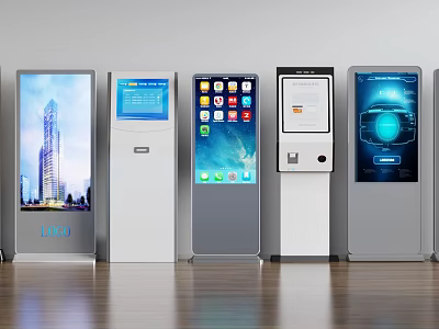 Multiple Modern Self Service Kiosks With Interactive Screens Showing Ads Apps And Payment Interfaces 3d model