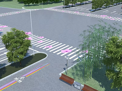 Well Designed Road Facilities At Urban Intersection With Crosswalks Trees Benches And Markings 3d model
