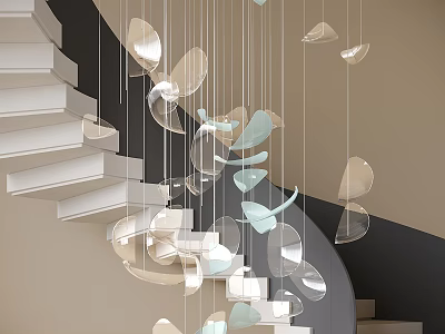 Elegant Modern Leaf Shaped Chandelier Hanging By Spiral Staircase With Silver And Light Blue Design 3d model