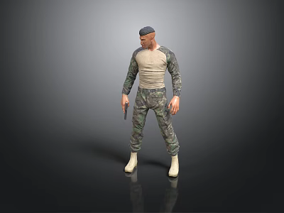 3D Male Character With Camouflage Pants Long Sleeve Shirt Holding Gun Standing On Gray Background 3d model