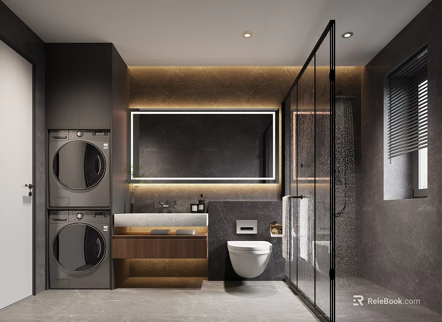 Modern Bathroom Layout With Washing Machine Toilet And Glass Shower 3d model 