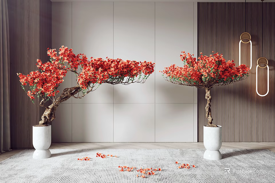 Bonsai Potted Plants With Red Flowers White Pots Light Colored Wall Background And Scattered Petals 3d model 