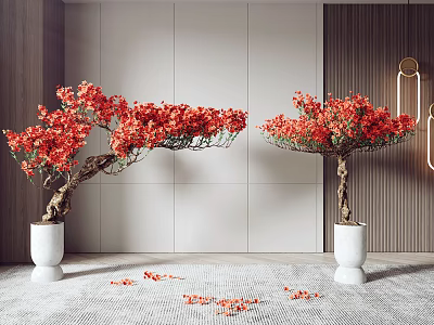 Bonsai Potted Plants With Red Flowers White Pots Light Colored Wall Background And Scattered Petals 3d model