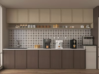Modern Office Pantry Interior With Light Brown Cabinets Tile Wall Coffee Machines And Cups 3d model