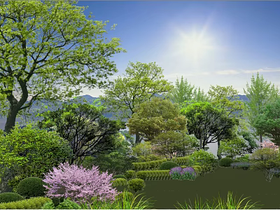 Lush Garden Landscape With Green Trees Colorful Flowers Sunlit Sky And Trimmed Hedges 3d model