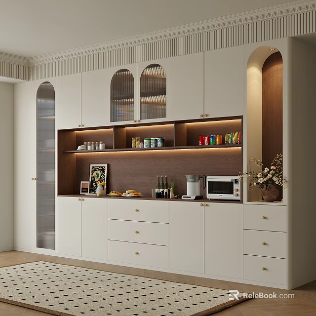 Modern Wine Cabinet Featuring White Cabinetry Glass Doors Layered Shelves And Interior Lighting 3d model 
