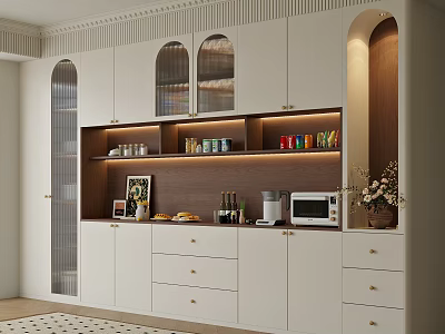 Modern Wine Cabinet Featuring White Cabinetry Glass Doors Layered Shelves And Interior Lighting 3d model