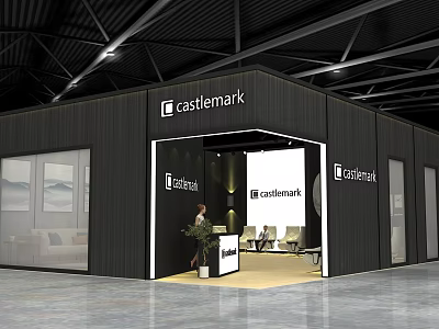 Modern Black Exhibition Booth With Castlemark Logo Open Design And Furniture 3d model