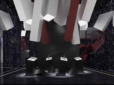 Modern Sales Office Interior With Geometric Decor And Display Counters Lighting 3d model