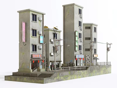 Multi Storey Gray Exterior Residential Building With Ground Floor Shops Air Conditioners And Street Lamps 3d model