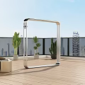 Modern Metal Clothes Rack With Hanging Garments And Green Plants On Terrace Wooden Floor
