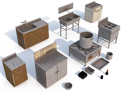 Various Types Of Agricultural Equipment Including Metal Wooden Workstations Sinks And Stoves 3d model