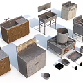 Various Types Of Agricultural Equipment Including Metal Wooden Workstations Sinks And Stoves
