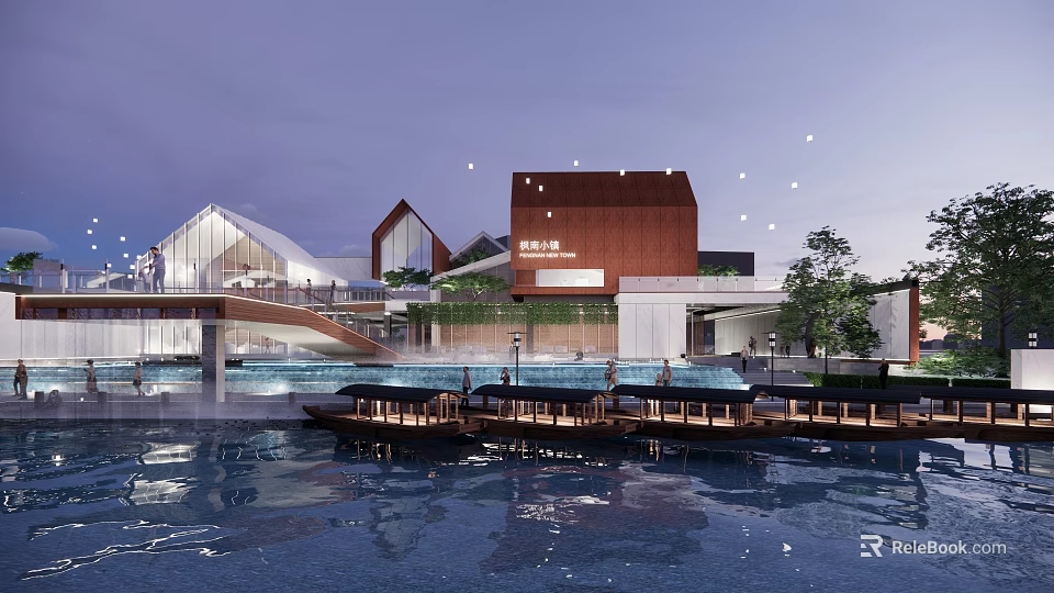 Modern Sales Office Building With Pedestrian Bridge Reflective Water Greenery And Evening Lighting 3d model 