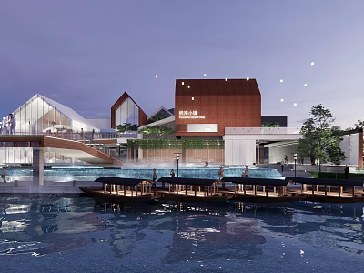 Modern Sales Office Building With Pedestrian Bridge Reflective Water Greenery And Evening Lighting 3d model